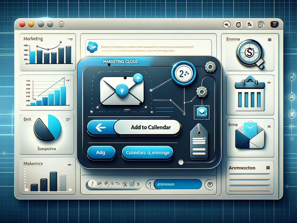 Professional email interface in Salesforce Marketing Cloud featuring an 'Add to Calendar' button, with marketing-related icons like graphs and envelopes in the background, rendered in Salesforce's branding colors of blues, greys, and whites.