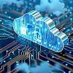 A cloud connected with an electronic circuit, in the style of detailed background elements, accurate and detailed, light azure and navy, bold and vibrant primary colors, selective focus, cabincore, cad (computer aided design