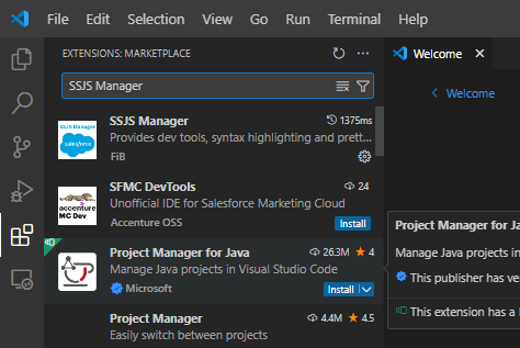 Installing SSJS Manager extension in Visual Studio Code