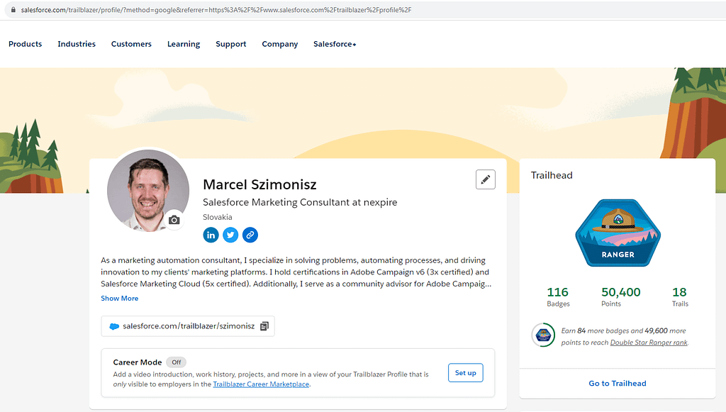 Salesforce Trailhead account to display your publicly available profile, showcasing all your active certifications along with achieved ranks.