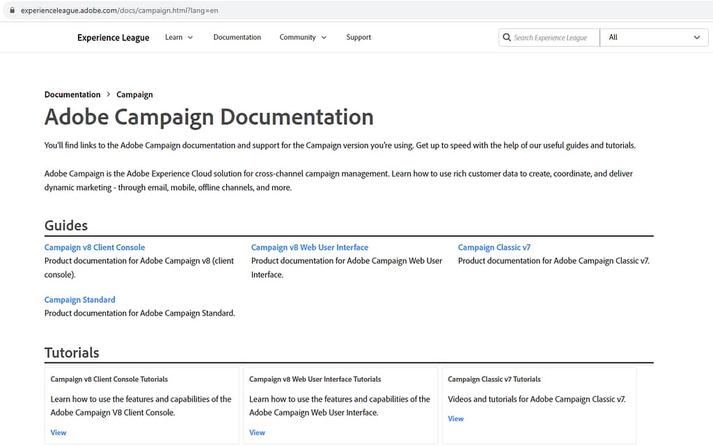 Official Adobe Campaign documentation page snap shot