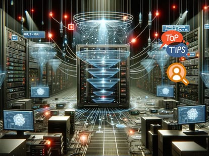 A futuristic server room with a central server labeled 'WS Proxy,' showcasing data streams passing through various filters labeled with data values like 'URL,' 'Protocol,' 'Payload Size.' Some filters display red warning signs indicating limitations. The background is filled with intricate networks of cables and lights, depicting a complex web server environment.