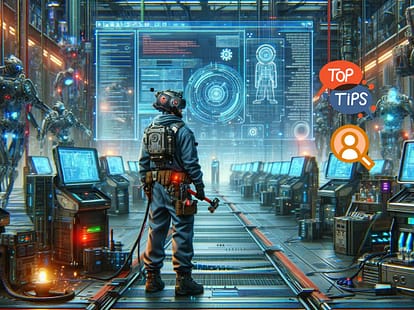 A futuristic digital artwork depicting a technician troubleshooting automated machines. The technician, adorned with a high-tech tool belt and a headset featuring a data-displaying visor, stands at the center of a dimly-lit tech facility. Around them are holographic screens presenting system diagnostics, error messages, and programming code. The background is bustling with a variety of machines and robots, some exhibiting malfunctions with sparks and error signals. The scene is illuminated by cool blues and greys, punctuated with orange and red highlights to emphasize the technical issues. Neon lights and exposed wiring add to the tech-savvy ambiance.